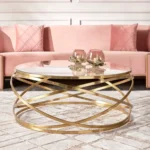 ⁦طاولة قهوة دائرية بتصميم ملتف وسطح زجاجي⁩ - الصورة ⁦2⁩