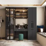 خزانة ملابس مدمجة مع تسريحة – تصميم 2 في 1 موفّر للمساحة – أرفف داخلية + مرآة كبيرة – خشب متين