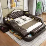 سرير نوم جلد فخم – تنجيد فاخر ولوح رأس مبطن – هيكل خشبي متين – متوفر بألوان متعددة