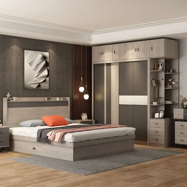 غرفة نوم كاملة بتصميم أوروبي فاخر – سرير + تسريحة + كومدينتين + خزانة ملابس – تشطيب شيك وخشب عالي الجودة