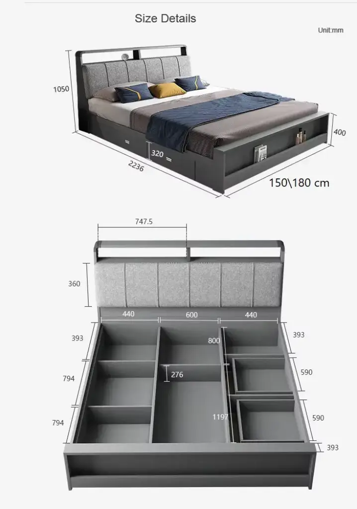 سرير مع 2 طاولة جانبية بتصميم مودرن