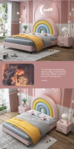 ⁦سرير أطفال بتصميم قوس قزح مبهج – شامل كومودينة – ألوان زاهية وهيكل خشبي متين – مثالي لغرف البنات⁩ - الصورة ⁦14⁩
