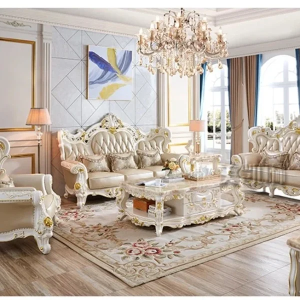 طقم كنب ملكي فاخر – تصميم كلاسيكي مطرز – تنجيد فاخر – هيكل خشبي متين – يشمل 3 و2 و1 مقاعد