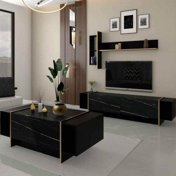 طقم طاولات اسود رخامي مع ذهبي