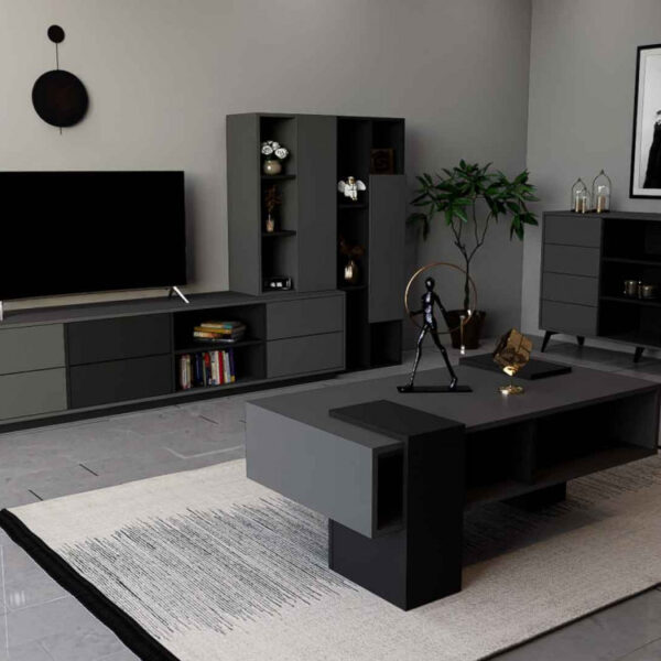 طقم طاولات تلفزيون وقهوة وكونسول رمادي وأسود