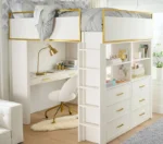 سرير أطفال مرتفع من تشكيلة بلير – تصميم عملي مع مكتب وسلال تخزين – خشب هندسي – لون أبيض