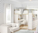 ⁦سرير أطفال مرتفع من تشكيلة بلير – تصميم عملي مع مكتب وسلال تخزين – خشب هندسي – لون أبيض⁩ - الصورة ⁦2⁩