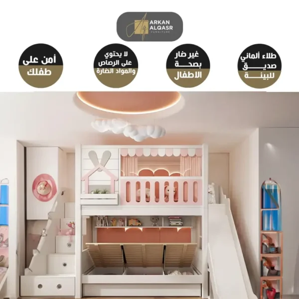 سرير أطفال دورين بتصاميم متنوعة – خشب متين وسلال تخزين – آمن ومثالي للمساحات الصغيرة
