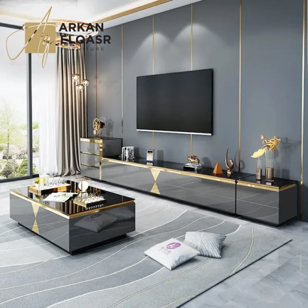 طقم طاولات قهوة وتلفاز بتصميم شيك