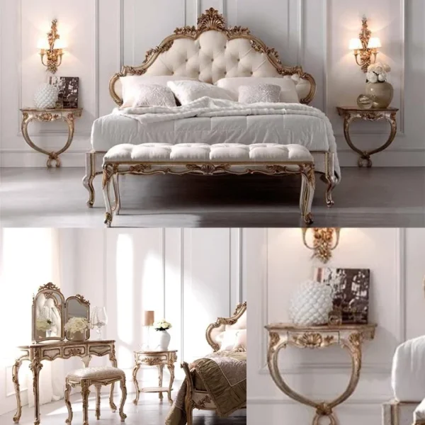 غرفة نوم كاملة بطابع ملكي فاخر – تشمل سرير وتسريحة وكومودينات – تصميم مميز وتشطيب راقٍ