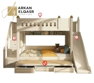 سرير أطفال دورين بتصميم شيك – هيكل خشبي متين وسلال تخزين – سلم جانبي آمن – ألوان متعددة