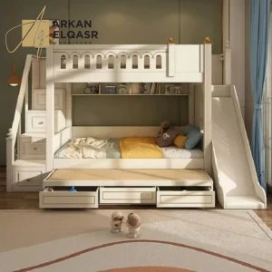 سرير أطفال دورين بتصميم شيك – هيكل خشبي متين وسلال تخزين – سلم جانبي آمن – ألوان متعددة