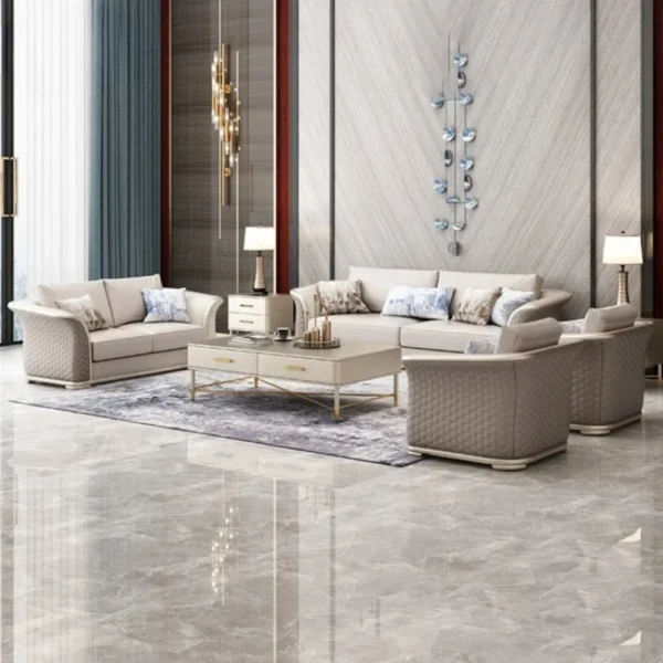 طقم جلوس فاخر بتنجيد جلد عالي الجودة – هيكل من خشب هندسي متين – تصميم أنيق 3+2+1 للمجالس الراقية