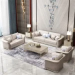 طقم جلوس فاخر بتنجيد جلد عالي الجودة – هيكل من خشب هندسي متين – تصميم أنيق 3+2+1 للمجالس الراقية