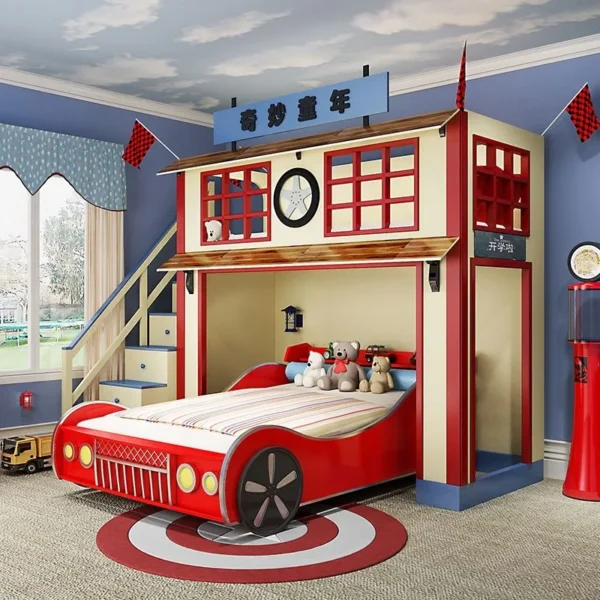 سرير أطفال بتصميم سيارة رياضية – هيكل بلاستيكي متين – ألوان زاهية – آمن وممتع – ضمان سنتين