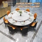 طقم طاولة طعام فخم لـ 6 أشخاص – تصميم عصري بكراسي متنوعة – سطح رخامي – أرجل ذهبية