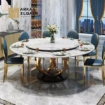 طقم طاولة طعام فخم لـ 6 أشخاص – تصميم عصري بكراسي متنوعة – سطح رخامي – أرجل ذهبية