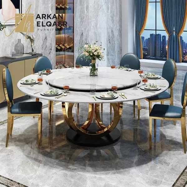 طقم طاولة طعام فخم لـ 6 أشخاص – تصميم عصري بكراسي متنوعة – سطح رخامي – أرجل ذهبية