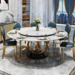 طقم طاولة طعام فخم لـ 6 أشخاص – تصميم عصري بكراسي متنوعة – سطح رخامي – أرجل ذهبية