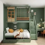 سرير أطفال دورين خشبي – تصميم عملي وآمن – سلم جانبي وسعة تخزين – مناسب للمساحات الصغيرة