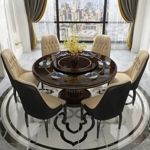 طقم طاولة طعام رخامية فاخرة مع كراسي فخمة – سطح مقاوم للخدوش وقاعدة معدنية – يتسع لـ6 أشخاص