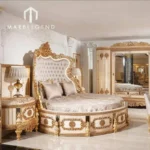 سرير نوم دائري ملكي بتصميم كلاسيكي – شامل 2 طاولة جانبية – تنجيد فاخر – قاعدة خشبية متينة