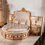 سرير نوم دائري ملكي بتصميم كلاسيكي – شامل 2 طاولة جانبية – تنجيد فاخر – قاعدة خشبية متينة