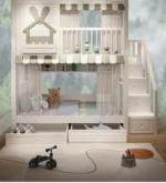 ⁦سرير أطفال دورين مريح – تصميم آمن بزاوية ناعمة – خشب متين وسلال تخزين – مثالي للمساحات الصغيرة⁩ - الصورة ⁦4⁩