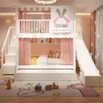 سرير أطفال دورين مريح – تصميم آمن بزاوية ناعمة – خشب متين وسلال تخزين – مثالي للمساحات الصغيرة