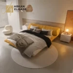 سرير غرفة نوم مع كمودينة بتصميم مميز