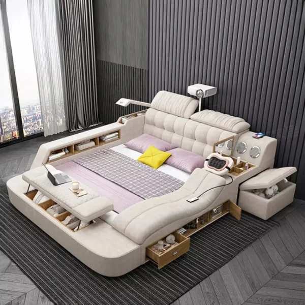 سرير مزدوج بتصميم متعدد الوظائف – مساحة تخزين سفلية + أرفف جانبية – خشب هندسي – لون رمادي أنيق