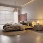 سرير غرفة نوم مع كمودينة بتصميم مميز