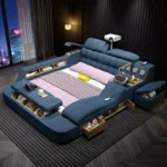 سرير مزدوج بتصميم متعدد الوظائف – مساحة تخزين سفلية + أرفف جانبية – خشب هندسي – لون رمادي أنيق