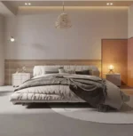 سرير غرفة نوم مع كمودينة بتصميم مميز