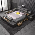 سرير مزدوج بتصميم متعدد الوظائف – مساحة تخزين سفلية + أرفف جانبية – خشب هندسي – لون رمادي أنيق