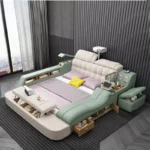 سرير مزدوج بتصميم متعدد الوظائف – مساحة تخزين سفلية + أرفف جانبية – خشب هندسي – لون رمادي أنيق