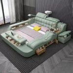 سرير مزدوج بتصميم متعدد الوظائف – مساحة تخزين سفلية + أرفف جانبية – خشب هندسي – لون رمادي أنيق