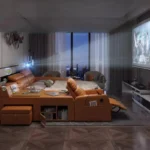 سرير مع كرسي وخزانات متعددة