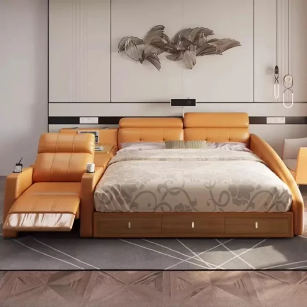 سرير مع كرسي وخزانات متعددة