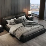 سرير جلدي بتصميم حديث مع طاولة جانبية ثنائية