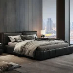 سرير جلدي بتصميم حديث مع طاولة جانبية ثنائية