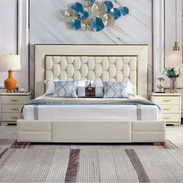 سرير غرفة نوم فاخر خشبي جلد مزدوج