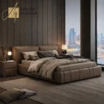 سرير جلدي بتصميم حديث مع طاولة جانبية ثنائية