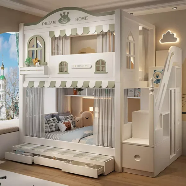 سرير أطفال دورين بتصميم مريح – خشب هندسي قوي – سلم جانبي آمن – ألوان محايدة – ضمان سنتين