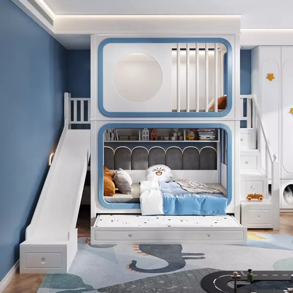 سرير أطفال دورين فاخر – ألوان جذابة وتصميم عصري – هيكل خشبي متين وسلال تخزين – آمن ومثالي للمساحات الصغيرة