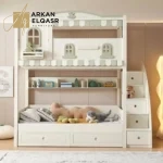 سرير أطفال دورين بتصميم مريح – خشب هندسي قوي – سلم جانبي آمن – ألوان محايدة – ضمان سنتين