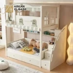 سرير أطفال دورين بتصميم مريح – خشب هندسي قوي – سلم جانبي آمن – ألوان محايدة – ضمان سنتين