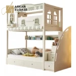 سرير أطفال دورين بتصميم مريح – خشب هندسي قوي – سلم جانبي آمن – ألوان محايدة – ضمان سنتين