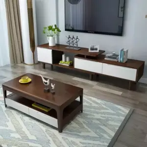 طقم طاولة تلفزيون خشبية مع طاولة قهوة بتصميم حديث