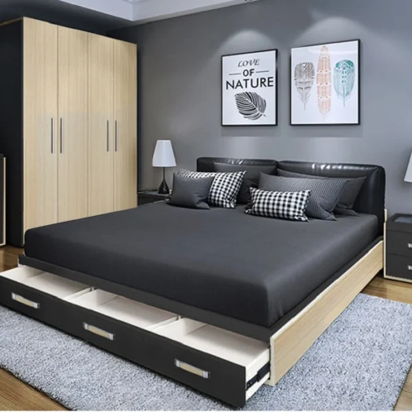 غرفة نوم كاملة بتصميم فاخر – تشمل سرير + كومدينتين + تسريحة + خزانة ملابس – خامات عالية الجودة